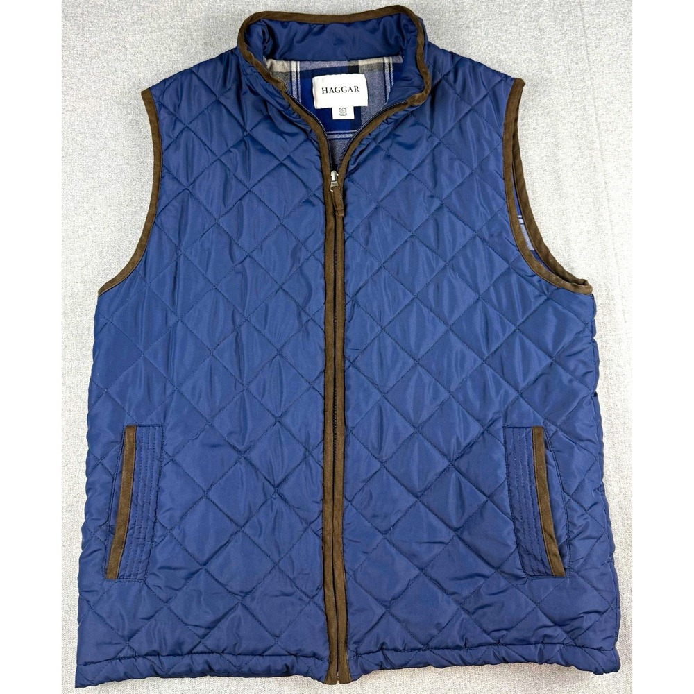 Haggar Mens Medium Blue Quilted Puffer Vest Plaid Lined Full Zip Faux Suede